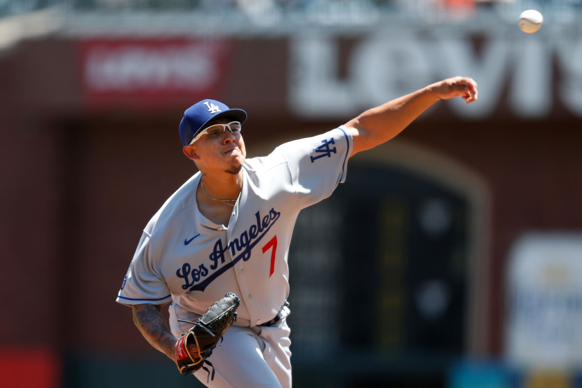 SAN FRANCISCO, CALIFORNIA - MAY 23: Julio Urias #7 of the Los Angeles Dodgers pitches in the bottom.