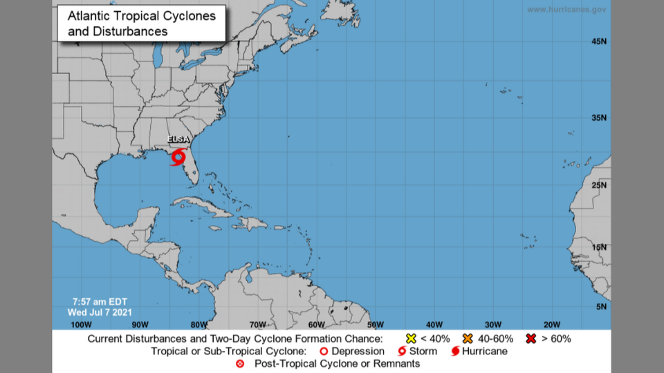 A map from the National Hurricane Center shows Tropical Storm Elsa’s location as of 8 a.m. Wednesday.