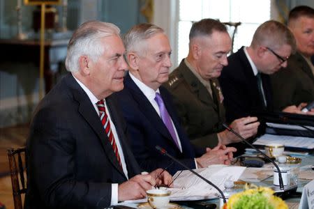 U.S. Secretary of State Rex Tillerson and Defense Secretary James Mattis meet with Chinese State Councilor Yang Jiechi and General Fang Fenghui, chief of the People's Liberation Army's Joint Staff Department prior to the U.S.-China Diplomatic and Security Dialogue at the State Department in Washington, U.S., June 21, 2017. REUTERS/Aaron P. Bernstein