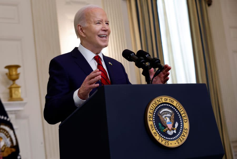 WASHINGTON, DC – APRIL 24: U.S. President Joe Biden delivers remarks after signing legislation giving $95 billion in aid to Ukraine, Israel and Taiwan during a ceremony in the State Dining Room at the White House on April 24, 2024 in Washington, DC. (Photo by Chip Somodevilla/Getty Images)