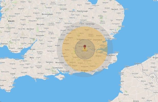 核保密局分析，若普丁朝倫敦投下核彈，屆時英國除了蘇格蘭地區外，都可能遭到波及。（圖／翻攝自Nuclear Secrecy）