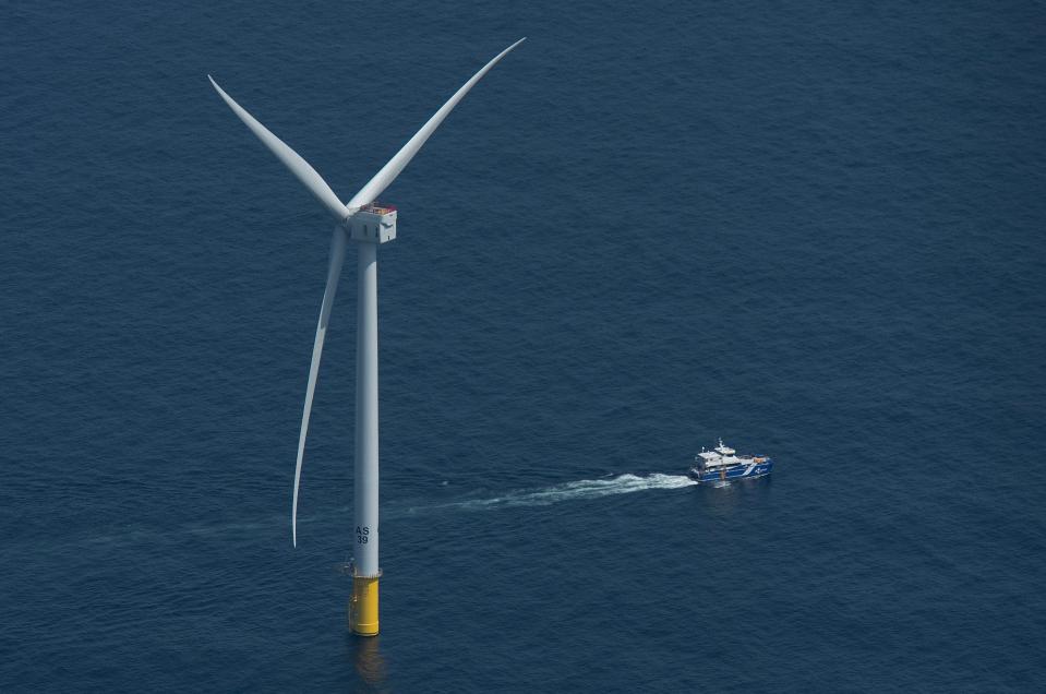 A Vineyard Wind project turbine on April 29, located 12 miles south of Martha's Vineyard