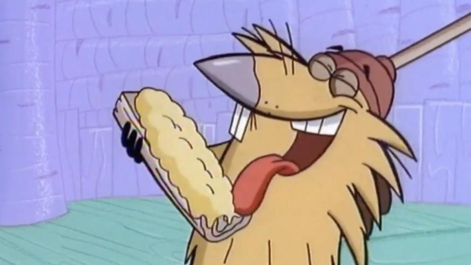 An animated beaver about to lick goo from a split log on Angry Beavers