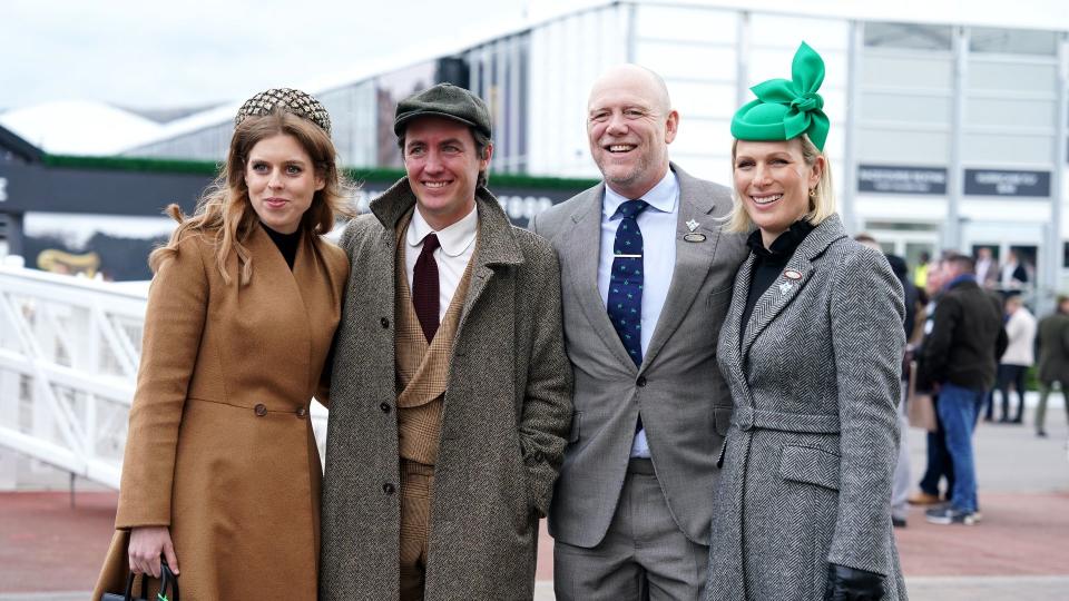 Princess Beatrice (left) with husband Edoardo Mapelli Mozzi, and Mike Tindall and Zara Tindall (right) on day three of the 2024 Cheltenham Festival 