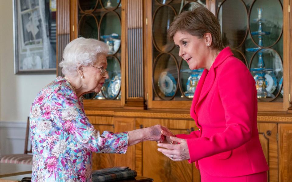 Queen Elizabeth II receives First Minister of Scotland Nicola Sturgeon during an audience at the Palace of Holyroodhouse in Edinburgh - Jane Barlow/PA