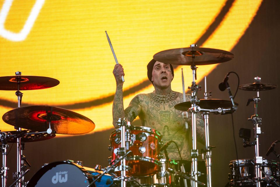 Blink-182 dummer Travis Parker plays "The Rock Show" during their set in the Sahara tent during the Coachella Valley Music and Arts Festival at the Empire Polo Club in Indio, Calif., Friday, April 14, 2023. 