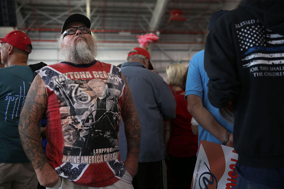 <p>Robie Potts waits for the arrival of President Donald Trump for a campaign rally at the AeroMod International hangar at Orlando Melbourne International Airport on February 18, 2017 in Melbourne, Florida. (Joe Raedle/Getty Images) </p>