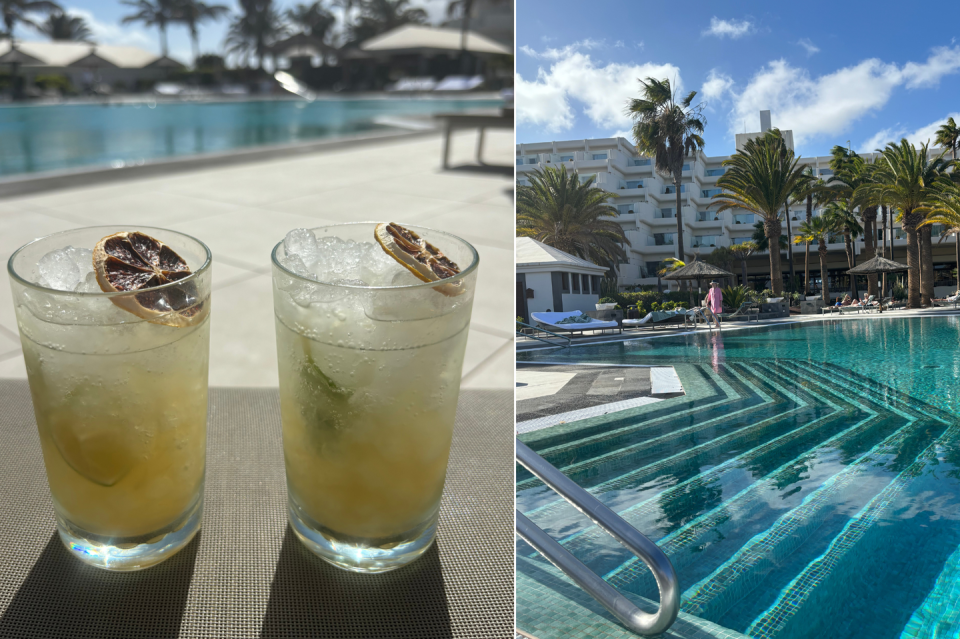 two glasses of beer by a pool