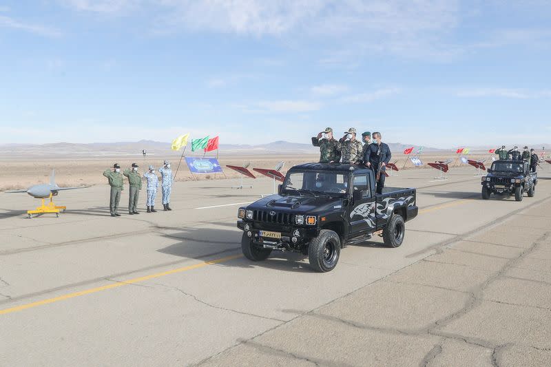 Iranian Armed Forces Chief of Staff Major General Mohammad Bagheri and other top commanders inspect drones as they are prepared for large-scale drone combat exercise of Army of the Islamic Republic of Iran, in Semnan