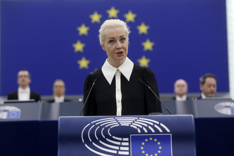 Yulia Navalnaya, widow of Russian opposition leader Alexei Navalny addresses the European Union's parliament on Wednesday Feb. 28, 2024 in Strasbourg, eastern France. The grief-stricken widow of Russian opposition leader Alexei Navalny implored the 27-nation bloc to stand up to Russian President Vladimir Putin. The legislature often interrupted her speech with applause and lauded her efforts to keep the memory of Navalny alive. (AP Photo/Jean-Francois Badias)