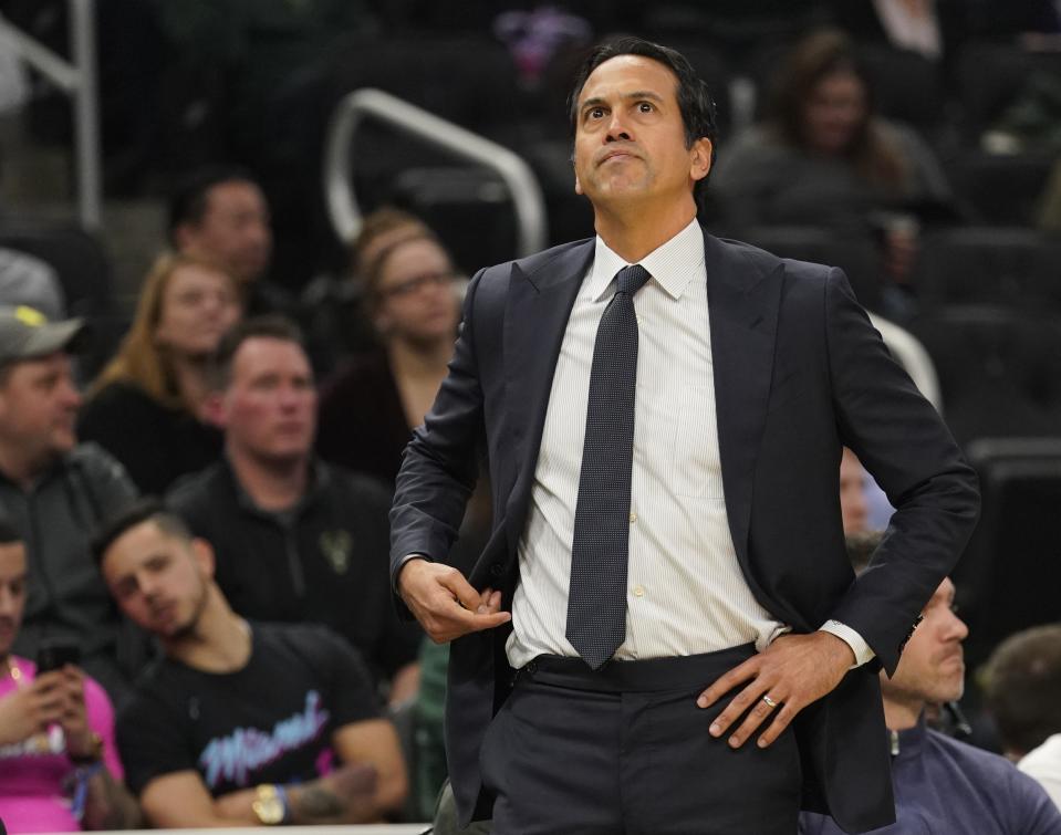 Erik Spoelstra was not happy with officials after Sunday’s game. (AP Photo)