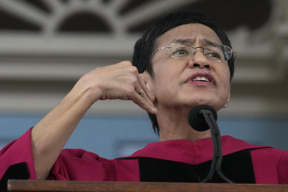 Keynote speaker Maria Ressa, a journalist and advocate for freedom of the press, addresses graduates in Harvard Yard during commencement at Harvard University, Thursday, May 23, 2024, in Cambridge, Mass. (AP Photo/Charles Krupa)