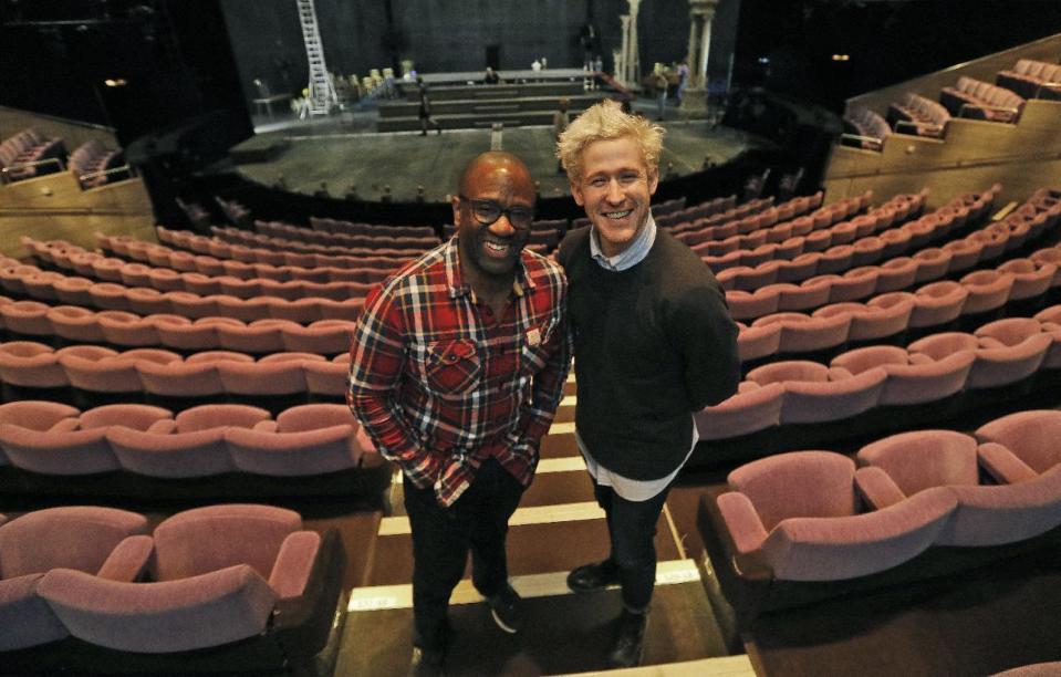 Lucian Msamati and Adam Gillen, right, the stars of the theatre play Amadeus, pose for a photograph in London, Monday, Jan. 30, 2017. Britain's National Theatre has a sold-out hit with a revival of Peter Shaffer's play about bad-boy genius Wolfgang Amadeus Mozart, played by Gillen, and his jealous rival Antonio Salieri, played by Msamati, composer to the 18th-century Viennese court. (AP Photo/Frank Augstein)