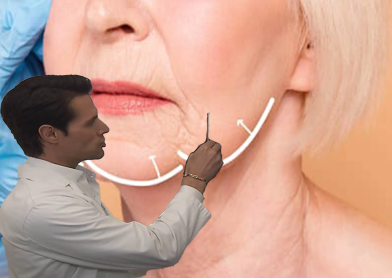 A man in a lab coat pointing at an image of a woman's chin.