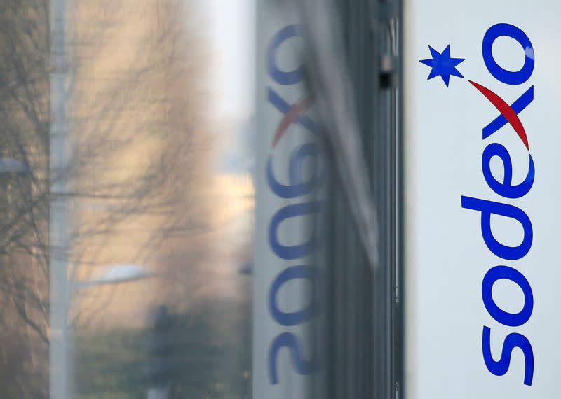 FILE PHOTO: The logo of French food services and facilities management group Sodexo is seen at the company headquarters in Issy-les-Moulineaux near Paris