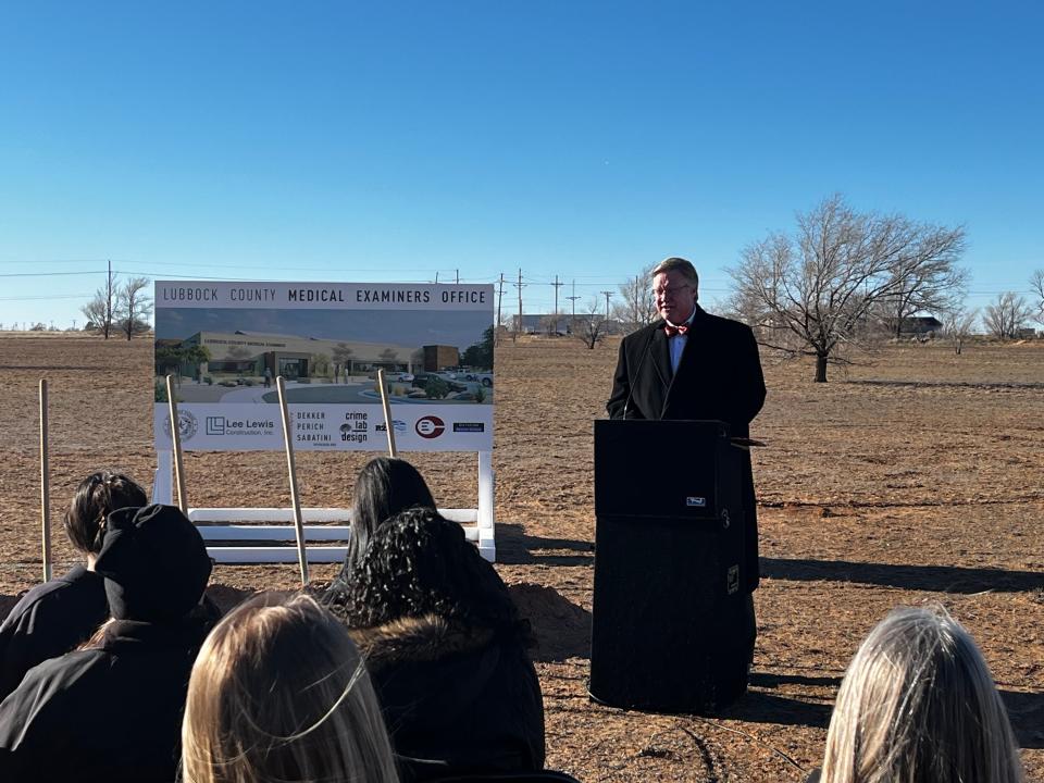 Lubbock County Judge Curtis Parrish speaking at the ground breaking ceremony of the new Medical Examiner's Office Building on Tuesday, Jan. 9, 2024.