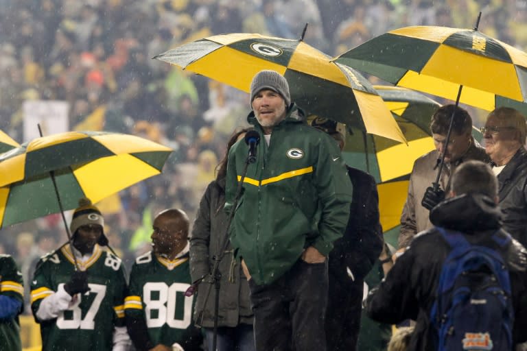 Brett Favre, former Green Bay Packers quarterback, speaks during the retirement ceremony for his #4 jersey at Lambeau Field