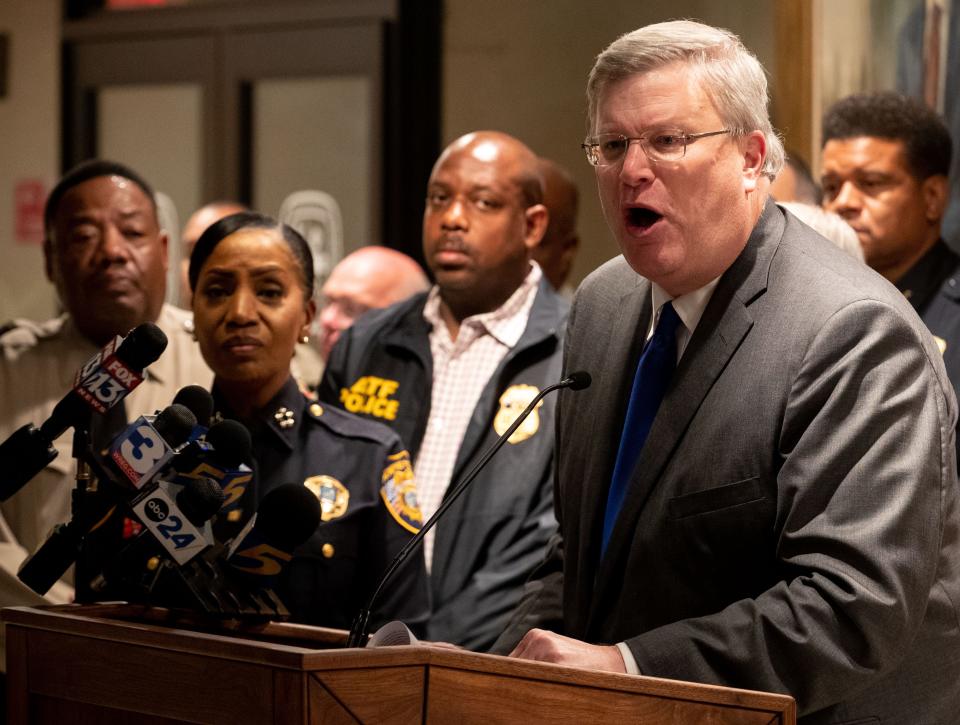 Memphis Mayor Jim Strickland speaks during a press conference early Thursday, Sept. 8, 2022, after 19-year-old Ezekiel Dejuan Kelly is alleged by MPD to be responsible for several shootings in Memphis. The shootings on Wednesday ended with seven people shot, at least four of the seven dead. 