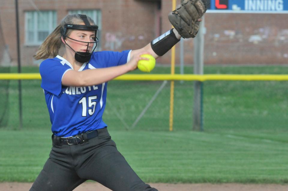 Honeoye's Alexis Johnson delivers a pitch during Thursday's game against Red Jacket.