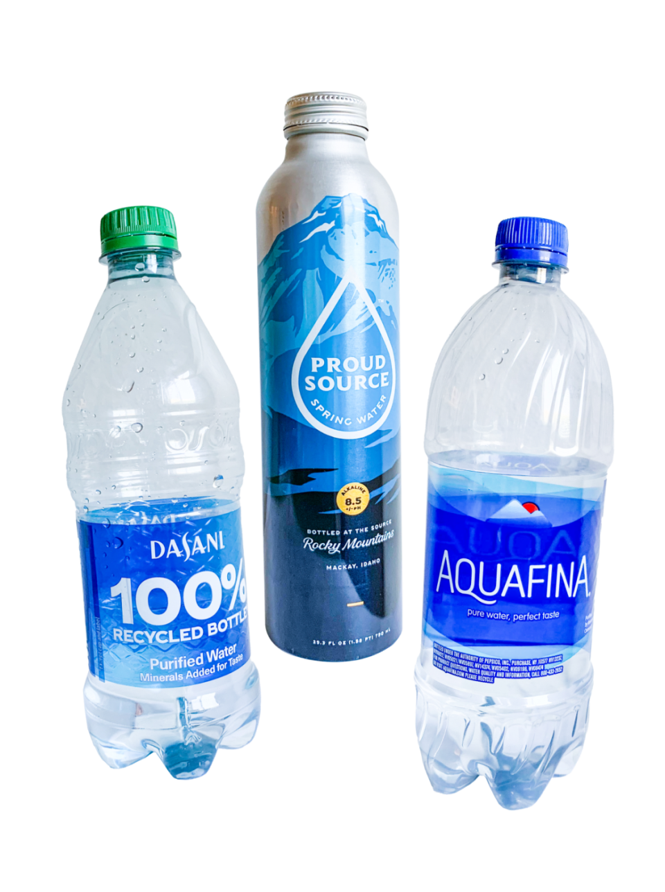 Dasani, Proud Source Spring Water, and Aquafina bottles
