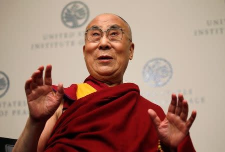 The Dalai Lama speaks at the U.S. Institute of Peace in Washington, D.C., U.S. June 13, 2016.REUTERS/Kevin Lamarque