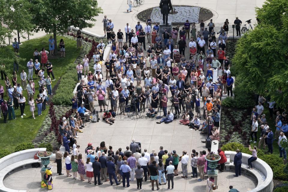 Wisconsin Gov. Tony Evers speaks at the fifth annual Pride Month celebration as they prepare to raise the Pride Flag at the Wisconsin State Capitol, Thursday, June 1, 2023, in Madison, Wis. (AP Photo/Morry Gash)