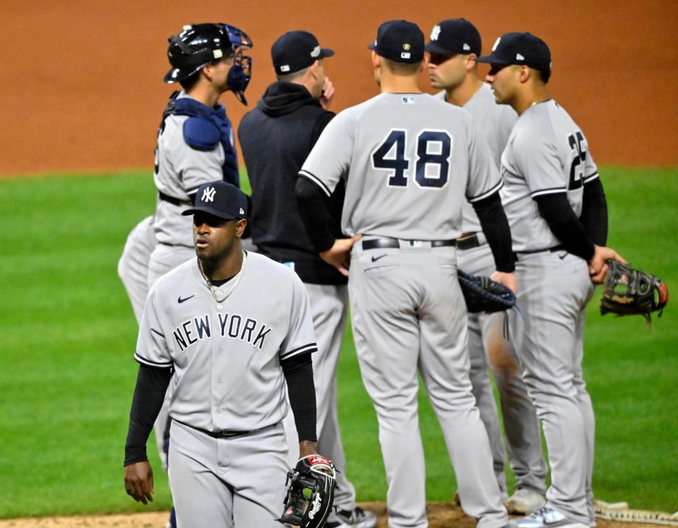 Oct 15, 2022; Cleveland, Ohio, USA; New York Yankees starting pitcher Luis Severino (40) walks toward the dug out after being replaced on the mound in the sixth inning during game three of the NLDS for the 2022 MLB Playoffs against the Cleveland Guardians at Progressive Field. Mandatory Credit: David Richard-USA TODAY Sports