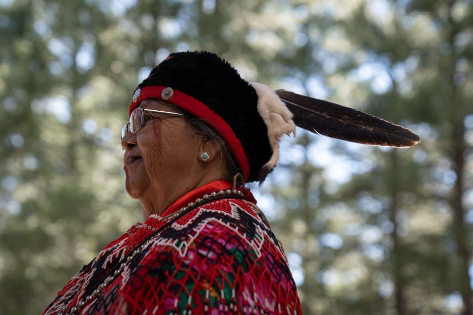 A portrait of Dianna Sue White Dove Uqualla, Havasupai Tribe council member, outside after the "Native Voices of the Grand Canyon" program on Aug. 5, 2023, at Shrine of the Ages on the South Rim of the Grand Canyon.