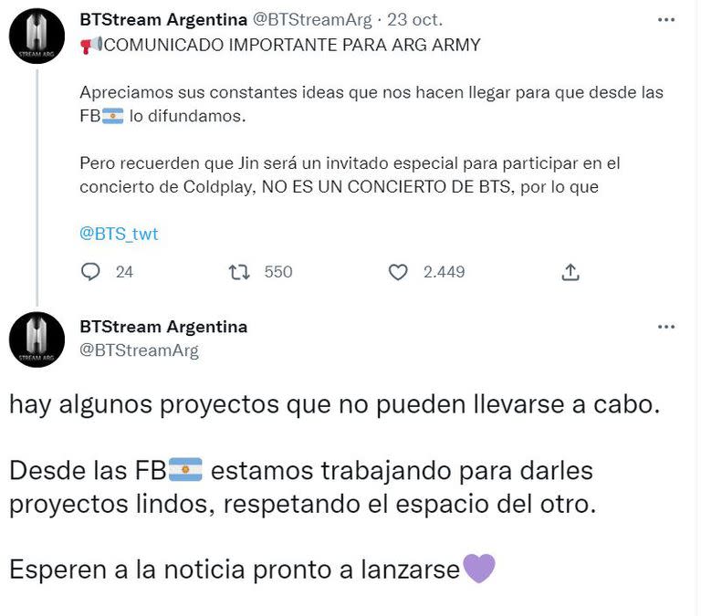 La publicación de BTS acerca del arribo de Jin a la Argentina
Foto: TWITTER / @BTStreamArg