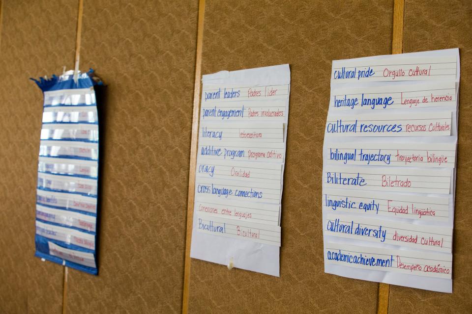 A poster of words in Spanish and English at a Texas Association for Bilingual Education conference at the American Bank Center in October 2019.