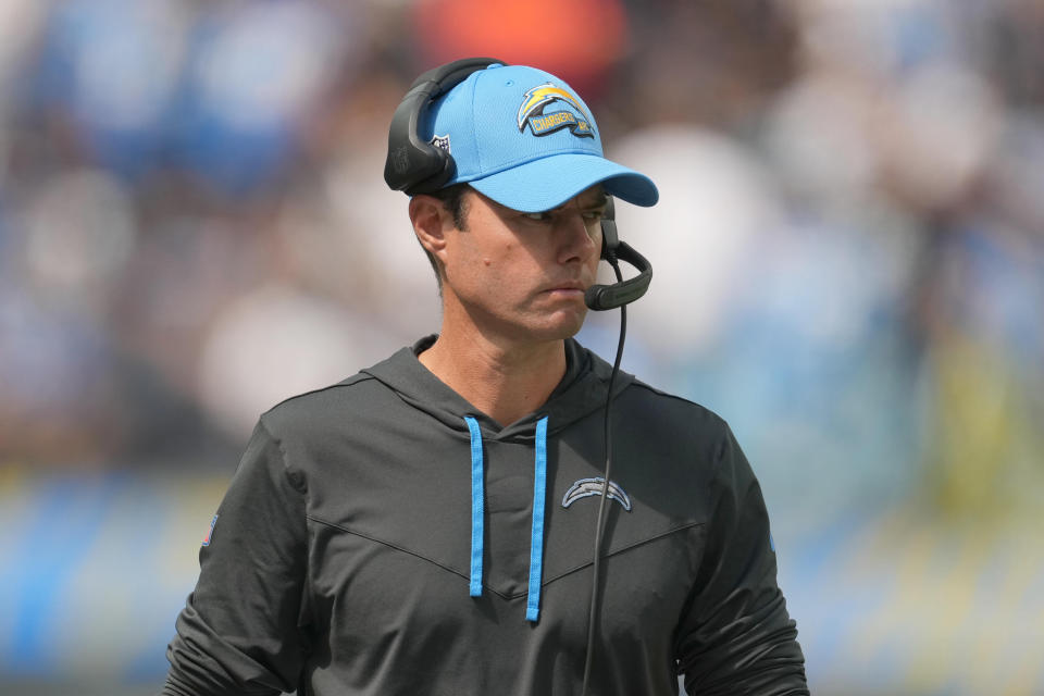 Sep 25, 2022; Inglewood, California, USA; Los Angeles Chargers head coach Brandon Staley watches game action against the Jacksonville Jaguars in the first half at SoFi Stadium. Mandatory Credit: Kirby Lee-USA TODAY Sports