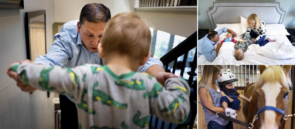 Left:&nbsp;Mark Freed helps his son Maxwell walk down the stairs at their home in Denver. Right top:&nbsp;Amber and Mark feed their two children, Riley and Maxwell, as they get ready to start the day. Right bottom:&nbsp;Caiti Peters, an occupational therapist with My Heroes, holds Maxwell up to Adle, the horse he rides for his therapy session at the Temple Grandin Equine Center in Denver. (Photo: Autumn Parry for HuffPost)
