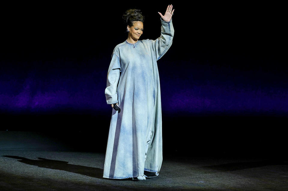 Rihanna waves onstage as she promotes the upcoming film "The Smurfs Movie" during the Paramount Pictures presentation during CinemaCon, the official convention of the National Association of Theatre Owners, at The Colosseum at Caesars Palace on April 27, 2023 in Las Vegas, Nevada.