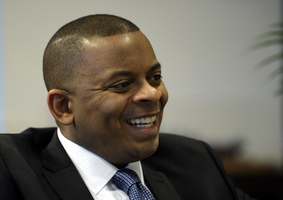 Transportation Secretary Anthony Foxx speaks during an interview with the Associated Press at the Transportation Department in Washington, Tuesday, Jan. 14, 2014. Americans spend a total of 600,000 years stuck in traffic every year. The nation has about 100,000 bridges old enough for Medicare. And a recent global ranking put the United States' infrastructure in 25th place, just behind Barbados. But Foxx says he sees signs the nation may finally be ready to tackle its "infrastructure deficit." (AP Photo/Susan Walsh)