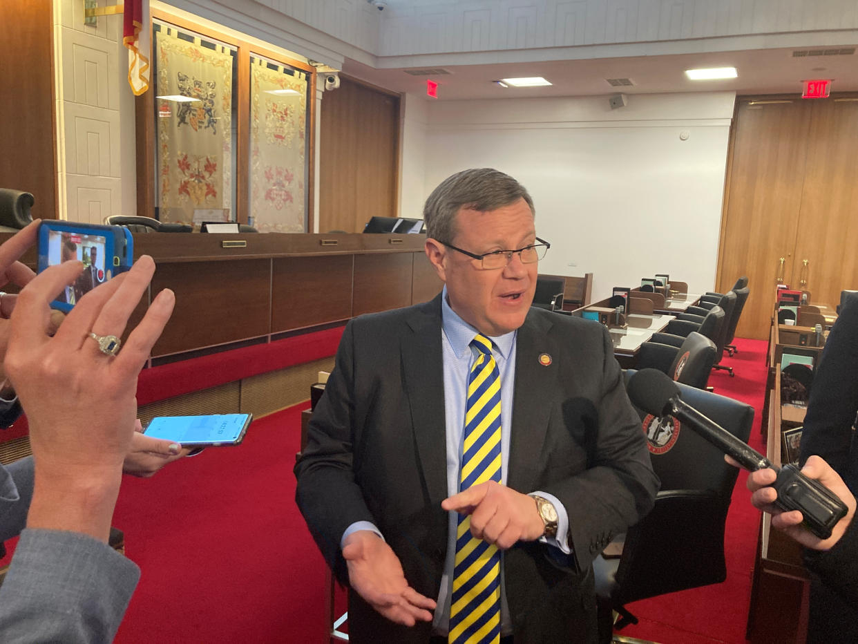 North Carolina House Speaker Tim Moore speaks to reporters at the Legislative Building in Raleigh. 