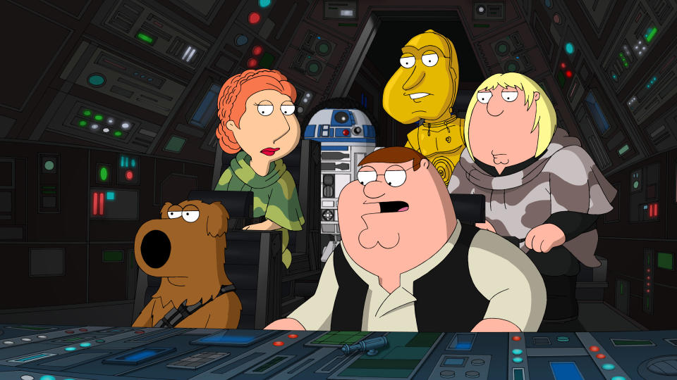 FAMILY GUY, (from left): Chewbacca/Brian Griffin, Princess Leia/Lois Griffin, R2D2/Cleveland Brown, Han Solo/Peter Griffin,