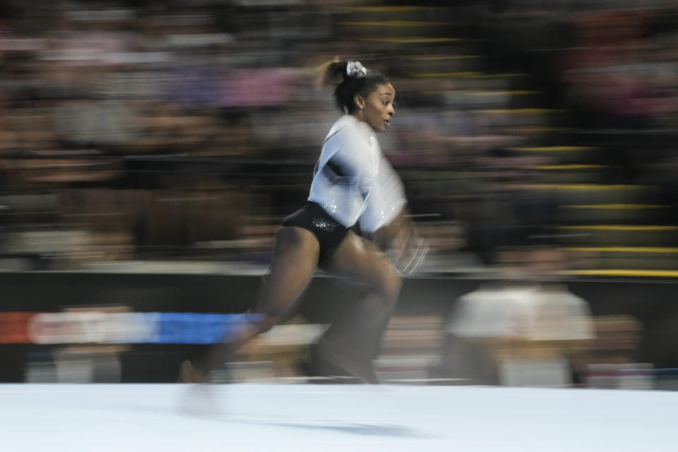 Simone Biles performs in the floor exercise at the U.S. Classic gymnastics competition Saturday, Aug. 5, 2023, in Hoffman Estates, Ill. (AP Photo/Morry Gash)