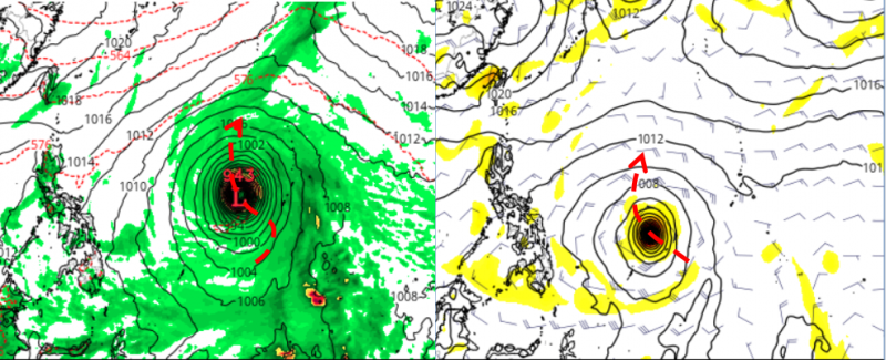 20210411-最新美國模式（GFS）顯示，約在3、4天後，關島南方海面的熱帶雲簇被命名為颱風（左）歐洲模式（ECMWF）模擬則顯示還須5天。（取自洩天機教室）