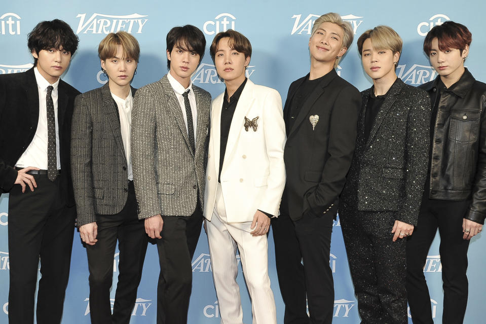 FILE - Korean pop band BTS attends the 2019 Variety's Hitmakers Brunch in West Hollywood, Calif., on Dec. 7, 2019. “Dynamite,” the group’s first all-English song, debuted at No. 1 on the U.S. music charts this week, making BTS first Korean pop act to top the chart. (Photo by Richard Shotwell/Invision/AP, File)