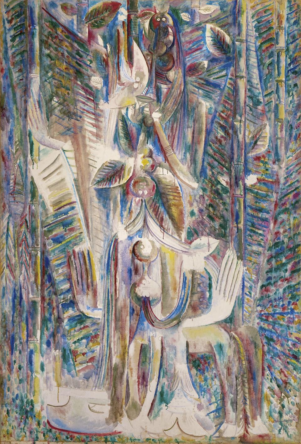 En esta imagen proporcionada por Sotheby's en Nueva York el jueves 28 de mayo de 2020, "Omi Obini" de Wifredo Lam. El cuadro encabeza la oferta de arte latinoamericano de la subasta de la casa programada para la semana del 29 de junio. (Cortesía de Sotheby's vía AP)