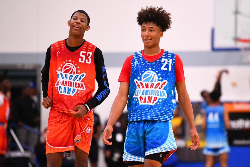 Dalen Terry (53) from Hillcrest Prep and Mikey Williams (21) look on during the Pangos All-American Camp on June 2, 2019. (Brian Rothmuller/Icon Sportswire via Getty Images)