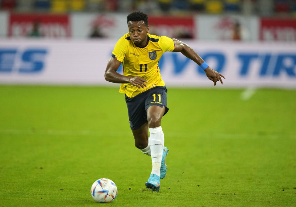 Ecuador's Michael Estrada is pictured during the international friendly soccer match between Japan and Ecuador as part of the Kirin Challenge Cup in Duesseldorf, Germany, Tuesday, Sept. 27, 2022. (AP Photo/Martin Meissner)