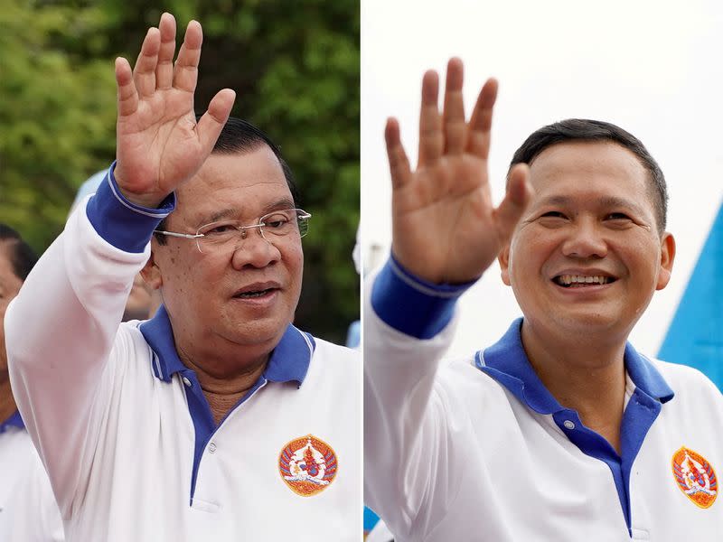 FILE PHOTO: This combination photo shows Cambodia's Prime Minister Hun Sen and his son Hun Manet during election campaign rallies in Phnom Penh