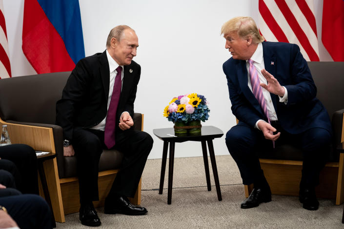 President Vladimir Putin of Russia and President Donald Trump meet during the G20 summit in Osaka, Japan on June 28, 2019. (Erin Schaff/The New York Times)