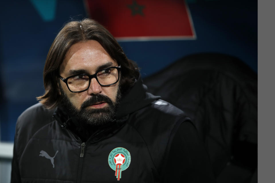 Morocco's head coach Reynald Pedros concentrates prior the Women's World Cup Group H soccer match between Morocco and Colombia in Perth, Australia, Thursday, Aug. 3, 2023. (AP Photo/Gary Day)