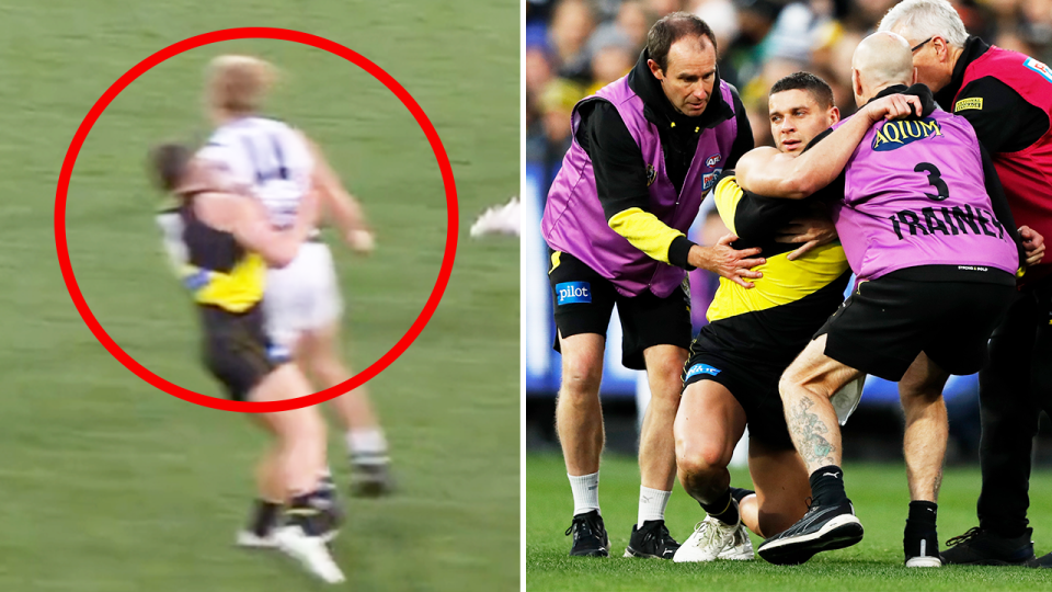 Tom Stewart (pictured left) elbowing Dion Prestia and (pictured right) Prestia concussed and being helped from the field.