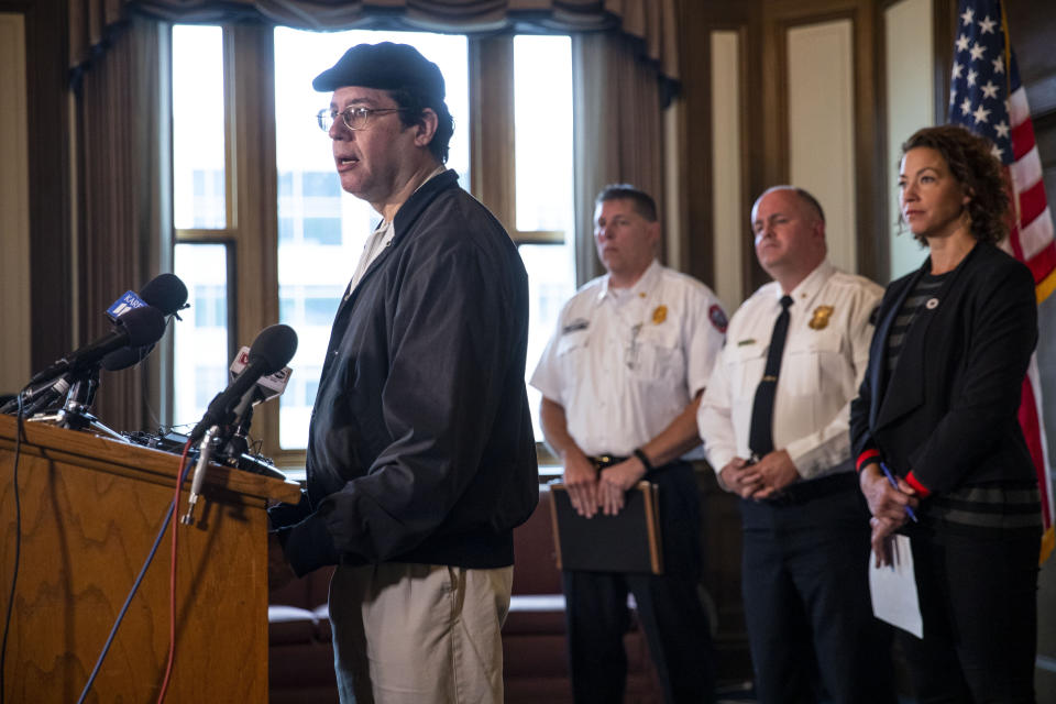 Former president of the synagogue's board, Rabbi Phillip Sher speaks on behalf of the Adas Israel congregation at a press conference on Sunday, Sept. 15, 2019. He expressed immense gratitude towards the fire and police department and said that no one in the congregation is seeking vengeance. They will turn to one another and the nearing Jewish high holidays for comfort. (Alex Kormann/Star Tribune via AP)