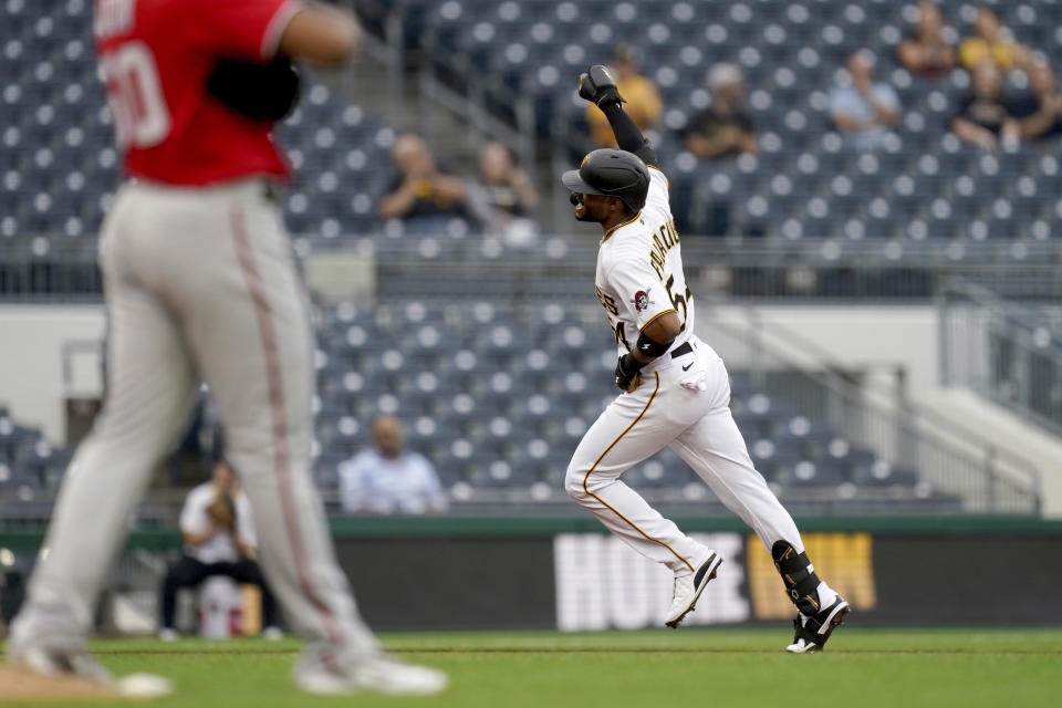 Pittsburgh Pirates' Joshua Palacios runs the bases on a two-run home run off Washington Nationals starting pitcher Joan Adon during the second inning of a baseball game in Pittsburgh, Tuesday, Sept. 12, 2023. (AP Photo/Matt Freed)