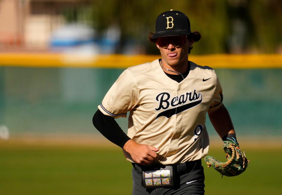 Basha infielder Brady Lord (4) during a game at Hamilton High School in Chandler on April 4, 2023.