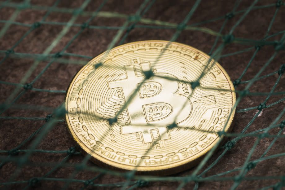 Bitcoin-Münze hinter einem Netz